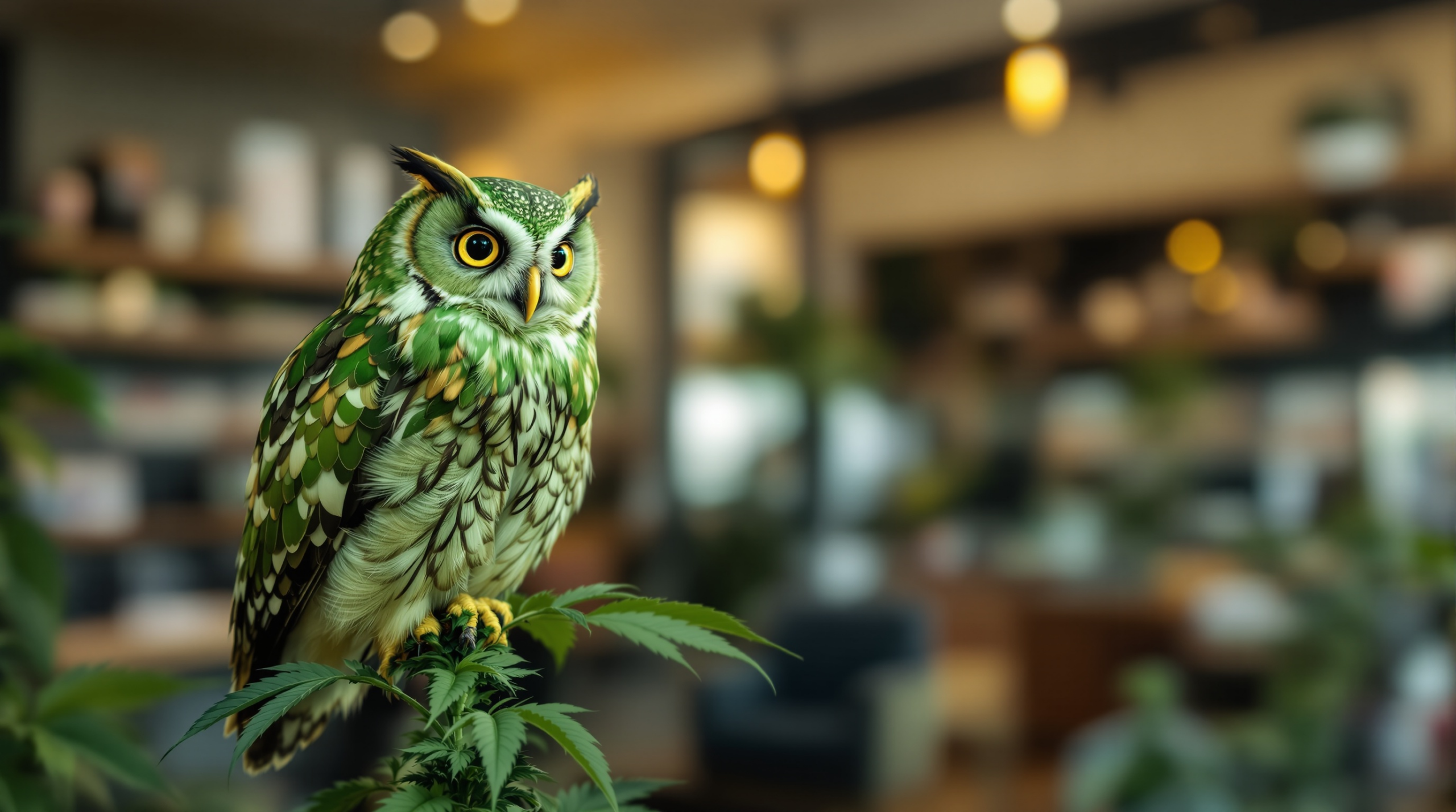 un hibou vert assis sur une plante verte