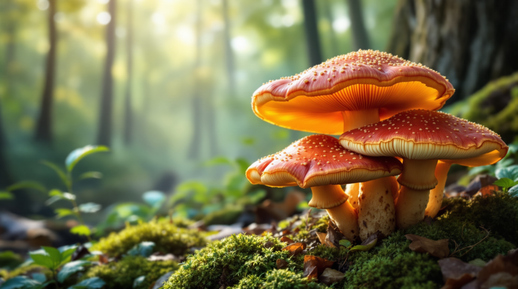 un groupe de champignons assis au sommet d'une forêt verdoyante