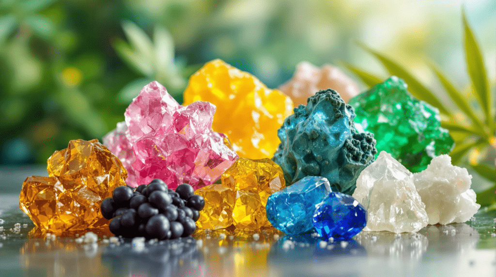 un tas de pierres de différentes couleurs sur une table