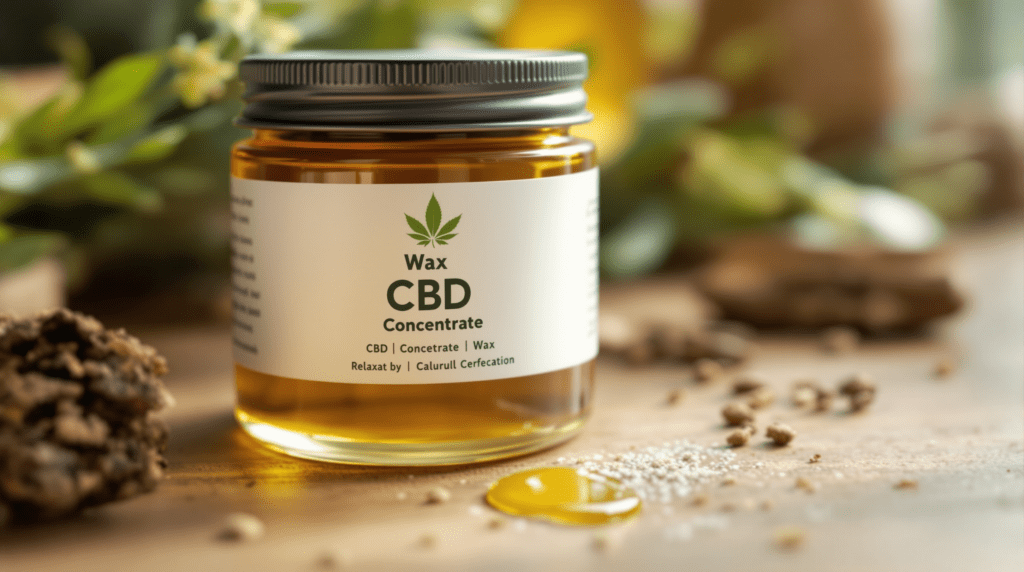 un pot de cbd posé sur une table à côté d'une plante