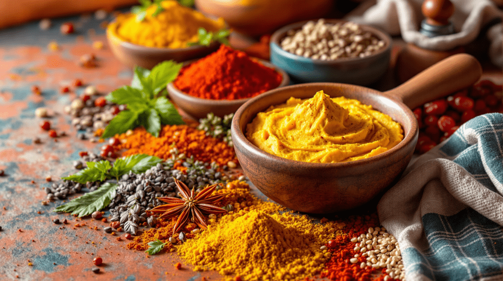 une table recouverte de bols remplis de différents types d'aliments