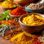 une table recouverte de bols remplis de différents types d'aliments