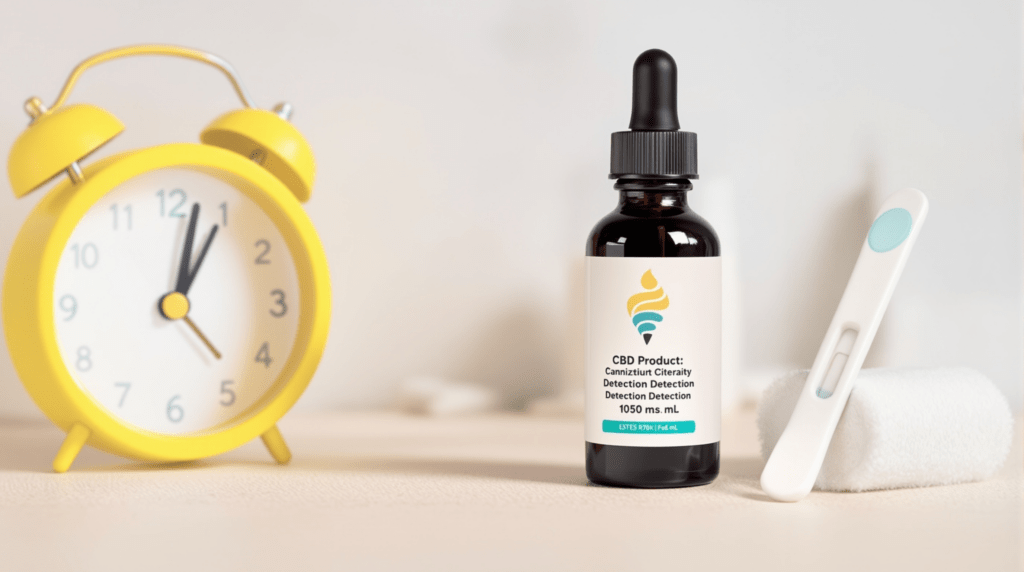 un réveil jaune posé à côté d'une bouteille d'huile vitaminée