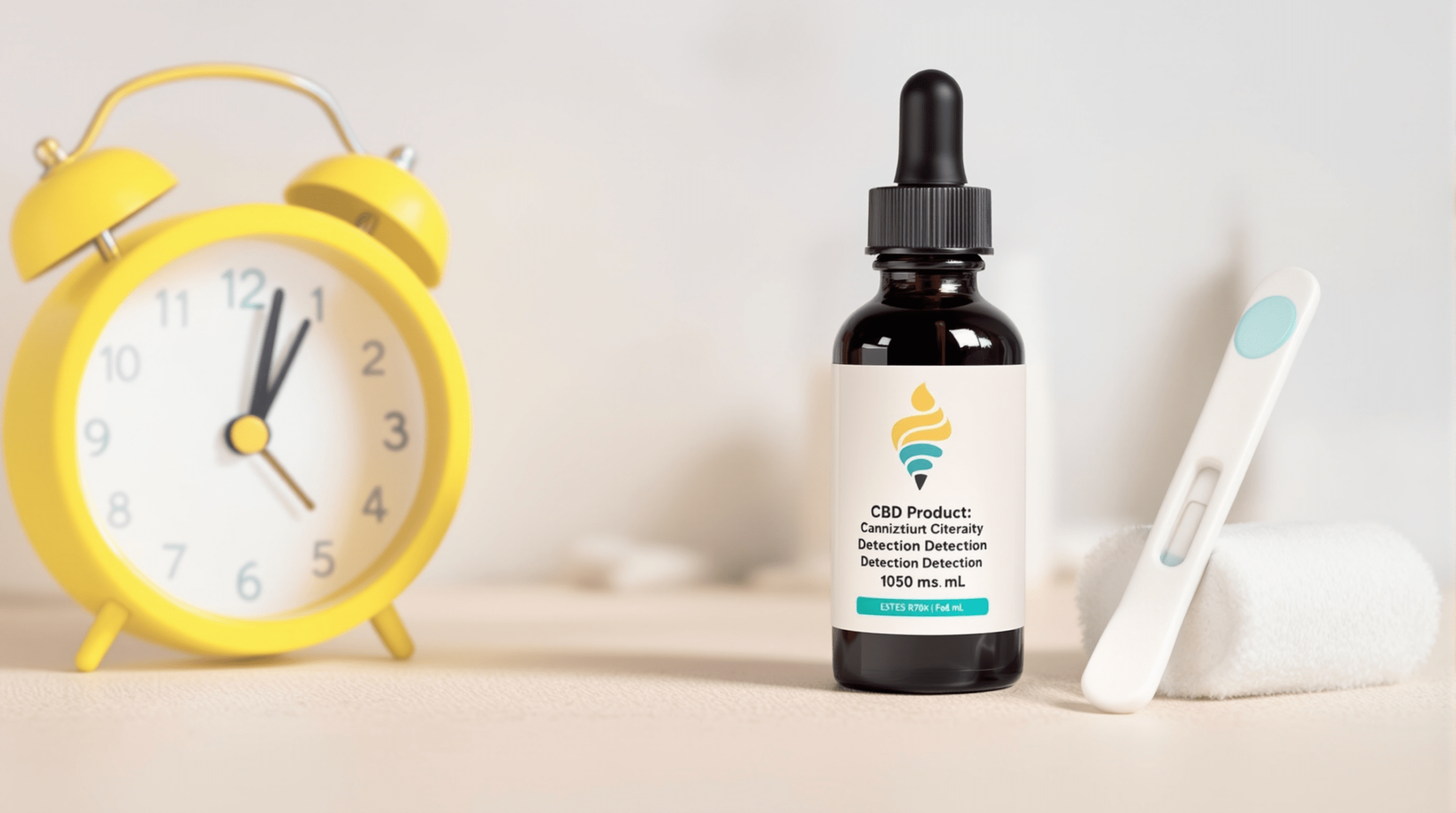 un réveil jaune posé à côté d'une bouteille d'huile vitaminée