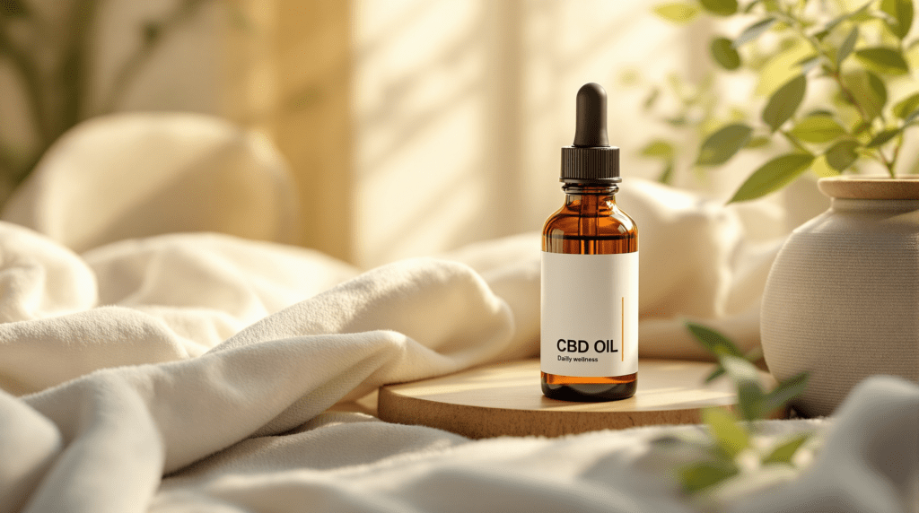 une bouteille d'huile de CBD posée sur une table à côté d'une plante en pot