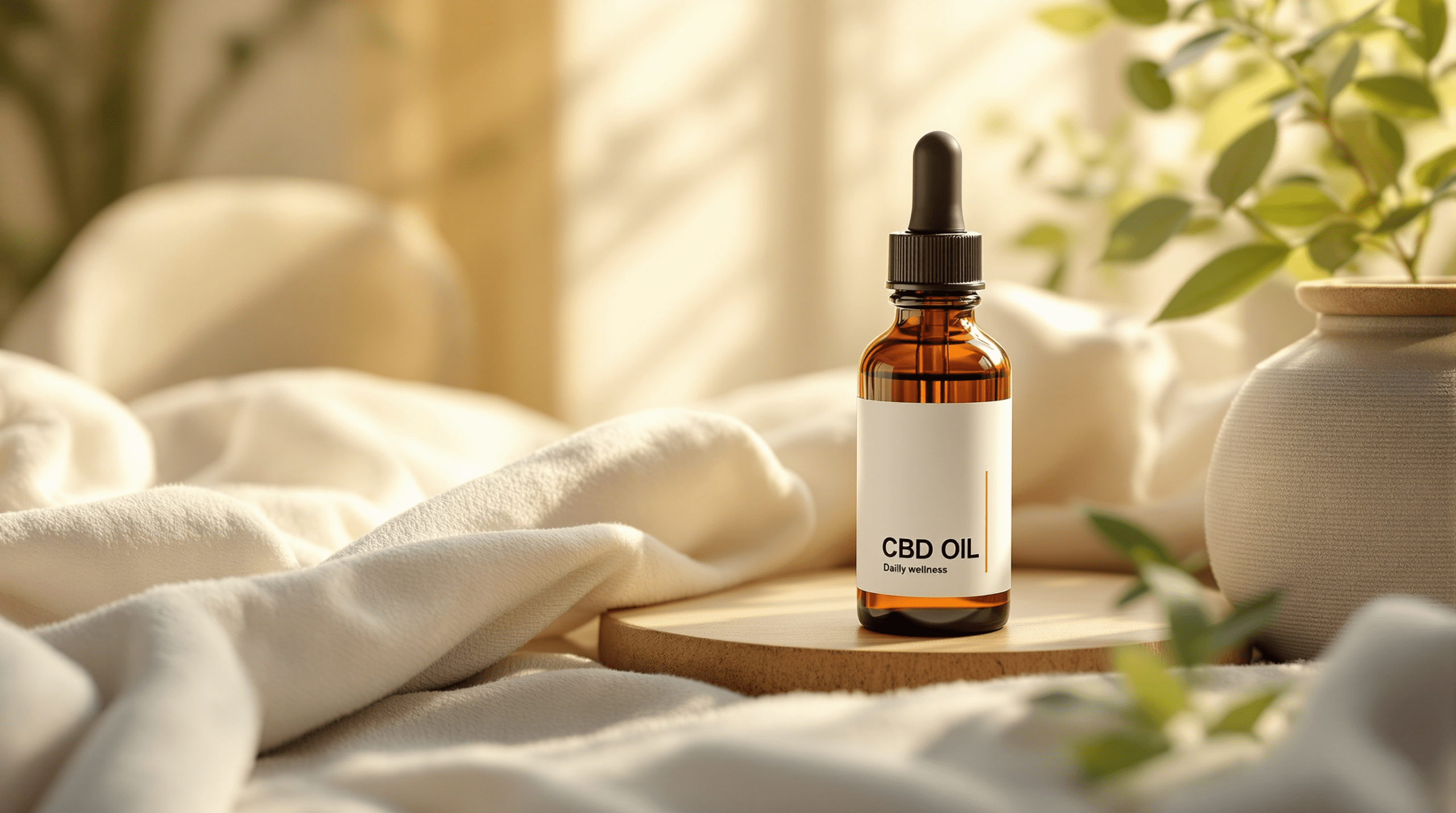une bouteille d'huile de CBD posée sur une table à côté d'une plante en pot