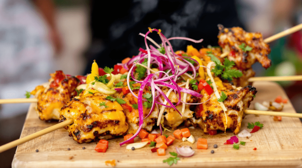 une planche à découper en bois garnie de poulet et de légumes