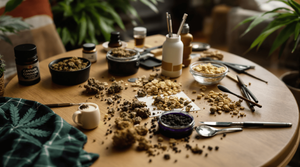 une table en bois recouverte de nombreux objets différents