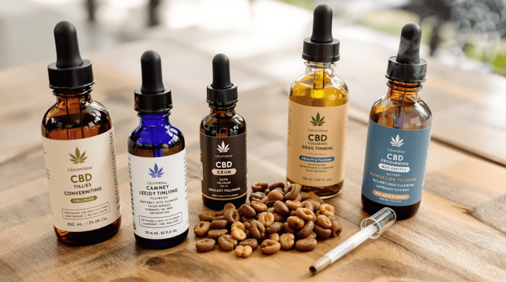 une table en bois recouverte de bouteilles de CBD