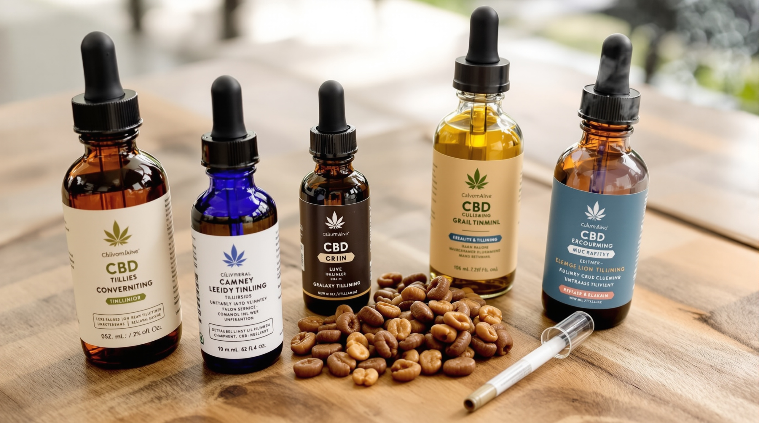 une table en bois recouverte de bouteilles de CBD