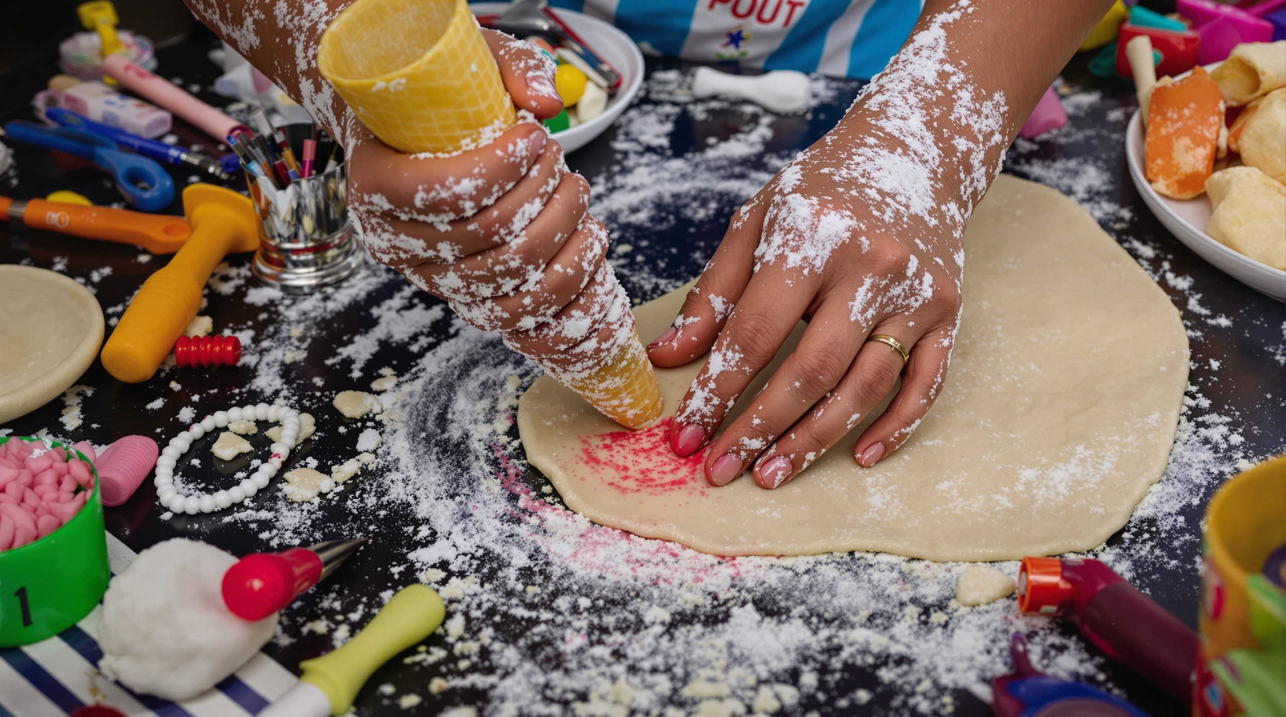 une personne pétrit de la pâte sur une table