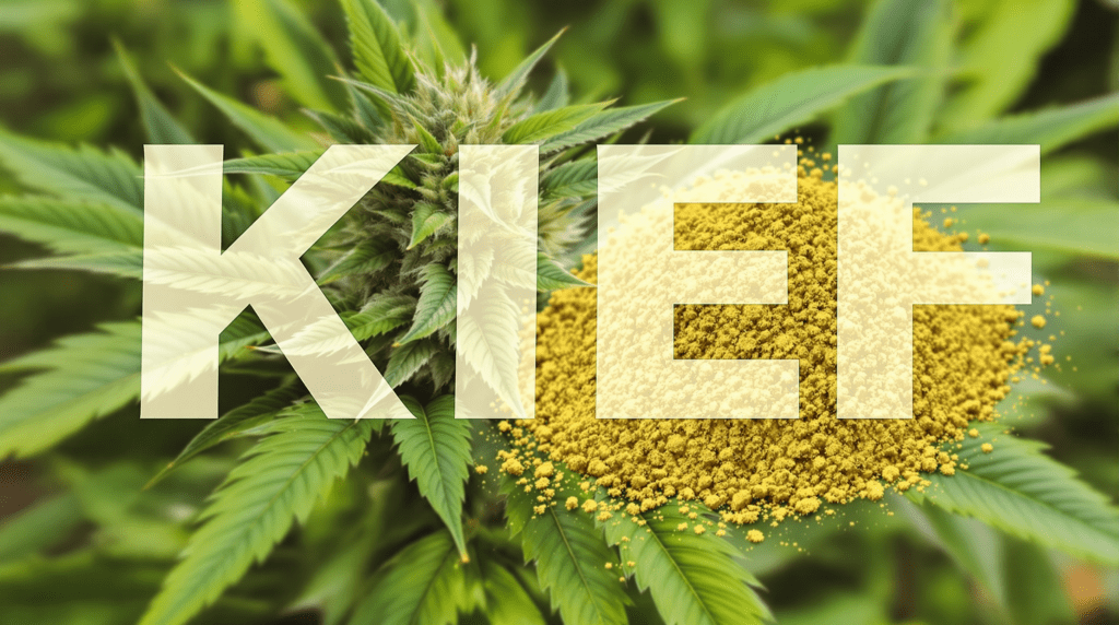gros plan d'un plant de marijuana avec le mot « kief » devant