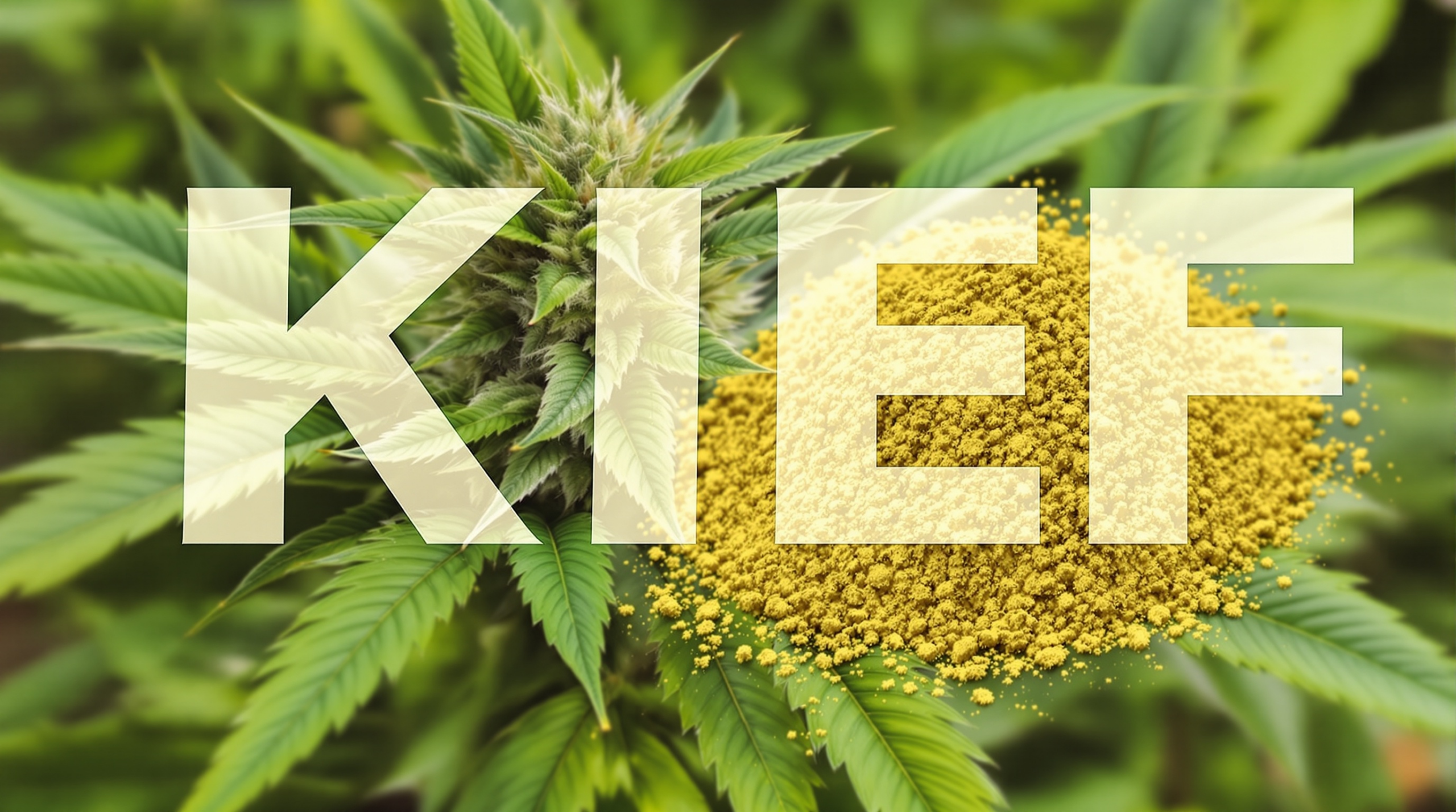 gros plan d'un plant de marijuana avec le mot « kief » devant