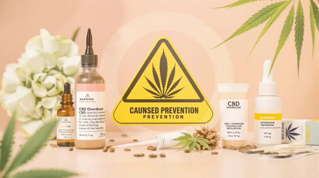 une table recouverte de bouteilles de CBD et d'une plante en pot