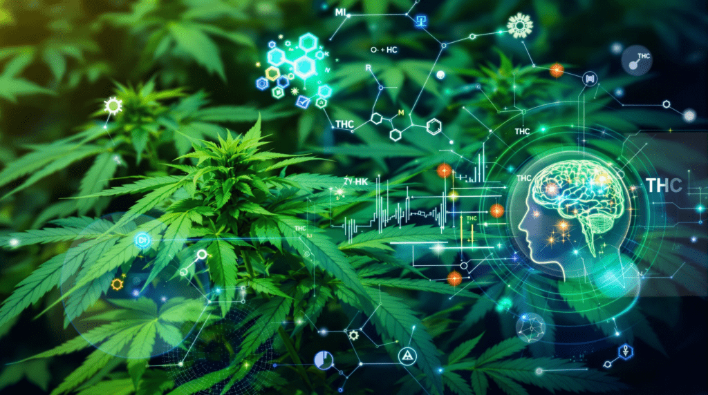 une plante de marijuana avec une tête humaine entourée de symboles médicaux