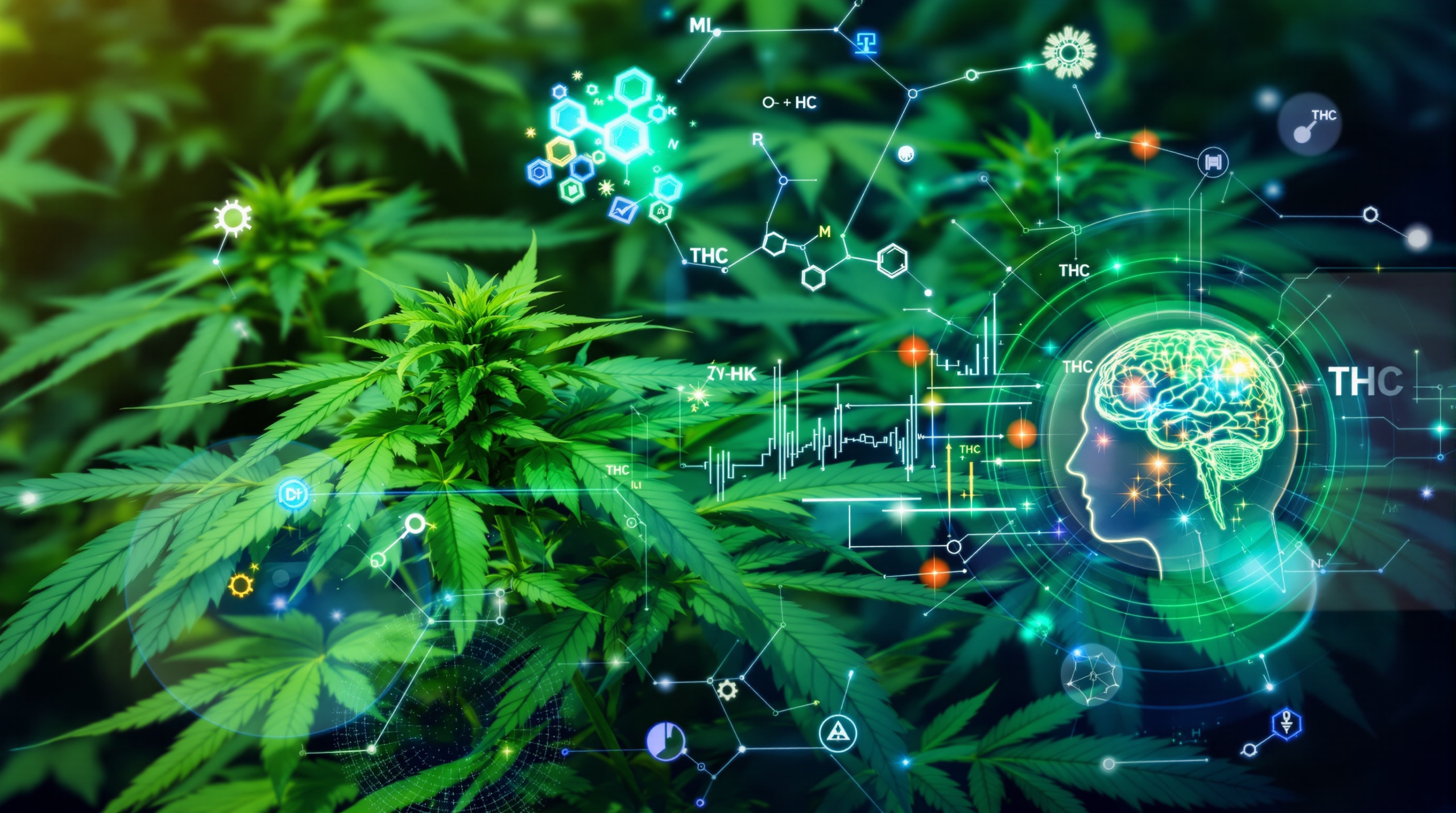 une plante de marijuana avec une tête humaine entourée de symboles médicaux